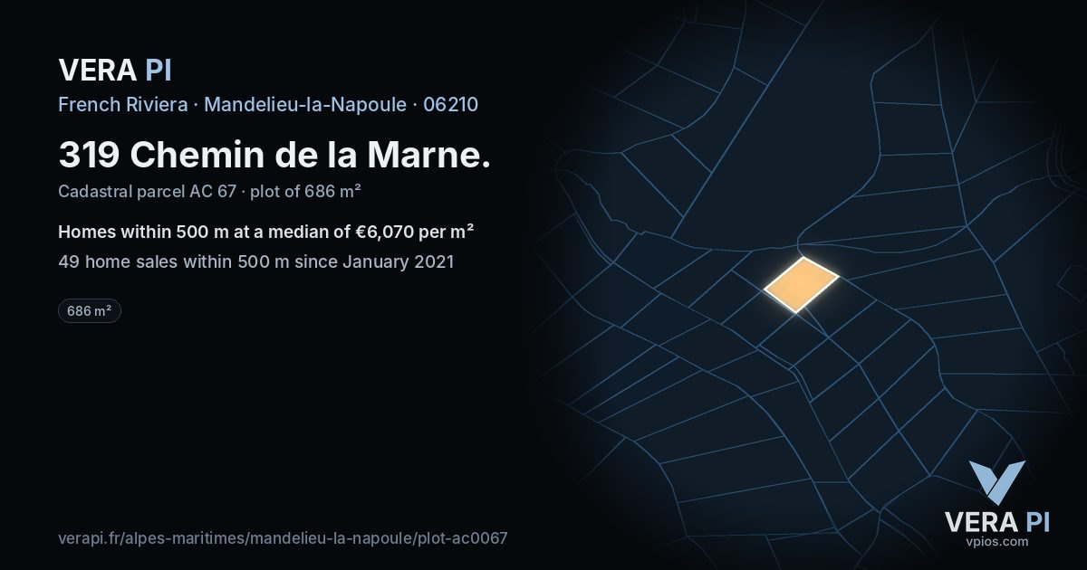 319 Chemin de la Marne, Mandelieu-la-Napoule at night – the plot lit, the parcels around coloured by the prices near them