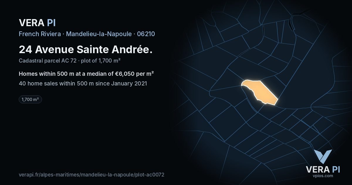 24 Avenue Sainte Andrée, Mandelieu-la-Napoule at night – the plot lit, the parcels around coloured by the prices near them