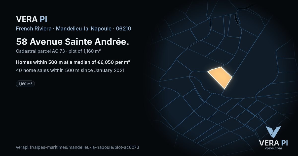 58 Avenue Sainte Andrée, Mandelieu-la-Napoule at night – the plot lit, the parcels around coloured by the prices near them