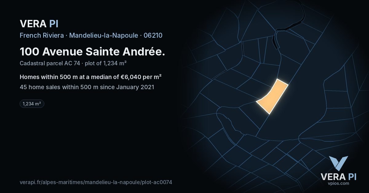100 Avenue Sainte Andrée, Mandelieu-la-Napoule at night – the plot lit, the parcels around coloured by the prices near them
