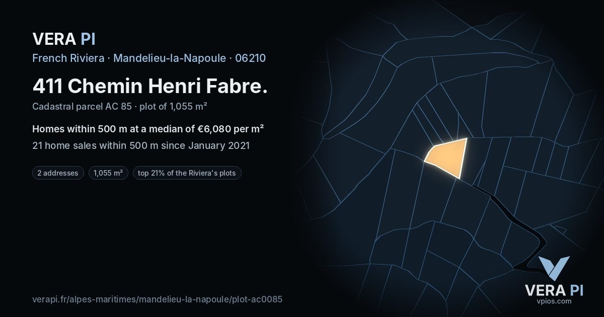 411 Chemin Henri Fabre, Mandelieu-la-Napoule at night – the plot lit, the parcels around coloured by the prices near them