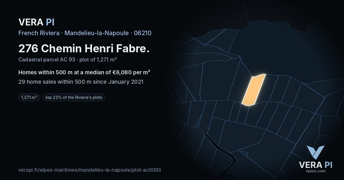 276 Chemin Henri Fabre, Mandelieu-la-Napoule at night – the plot lit, the parcels around coloured by the prices near them