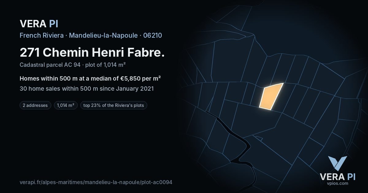271 Chemin Henri Fabre, Mandelieu-la-Napoule at night – the plot lit, the parcels around coloured by the prices near them
