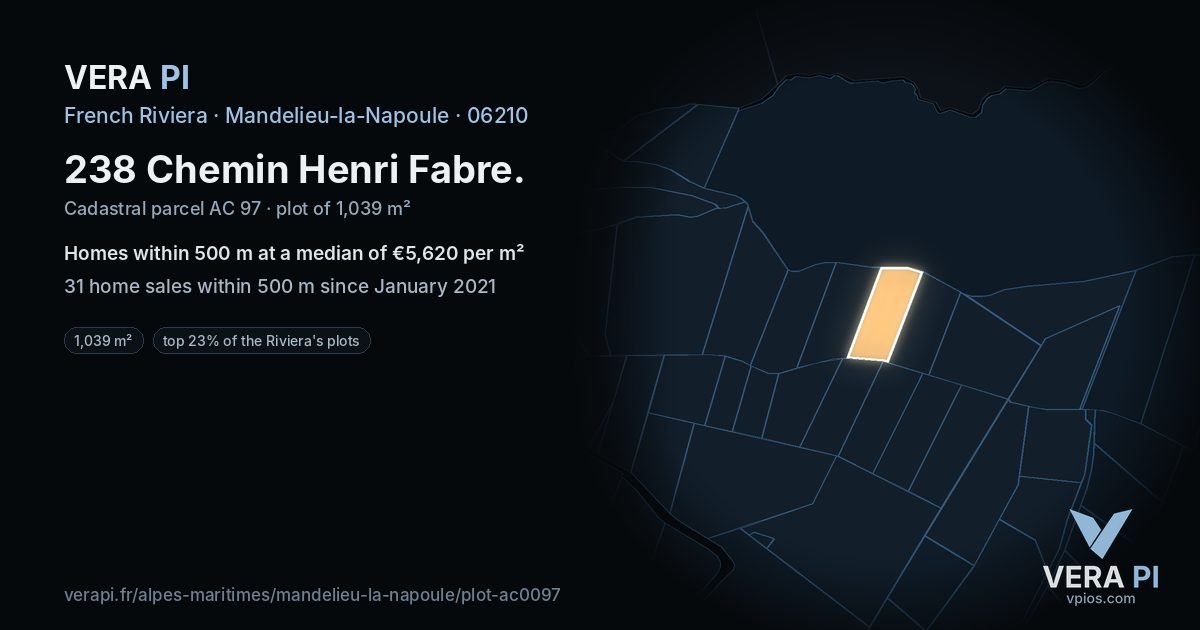 238 Chemin Henri Fabre, Mandelieu-la-Napoule at night – the plot lit, the parcels around coloured by the prices near them