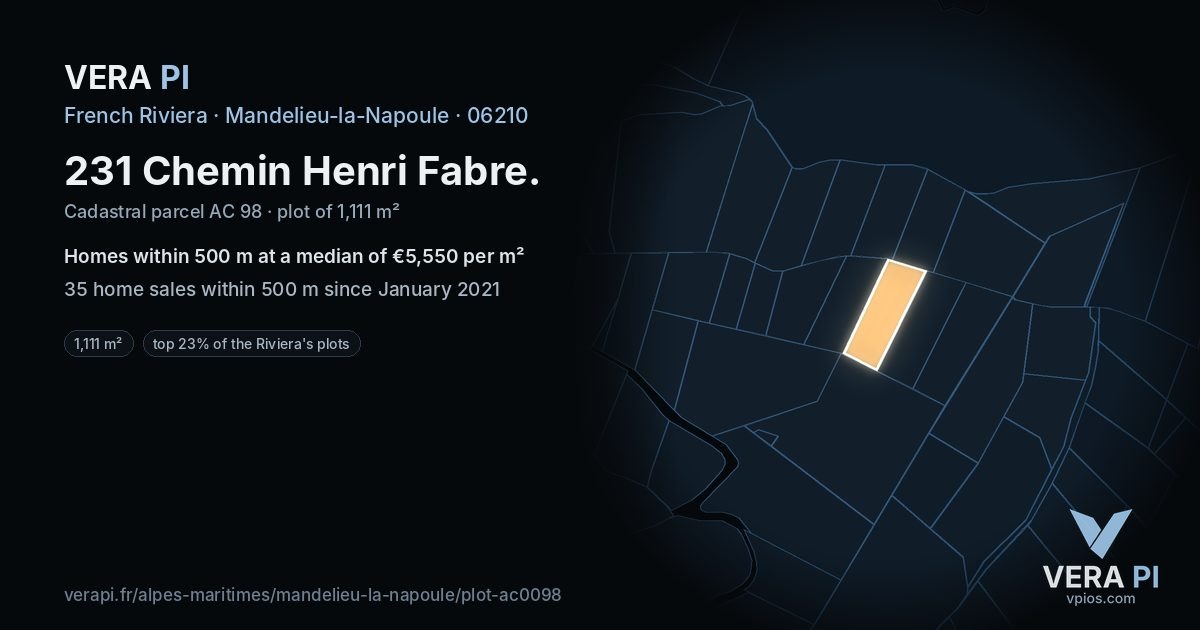 231 Chemin Henri Fabre, Mandelieu-la-Napoule at night – the plot lit, the parcels around coloured by the prices near them