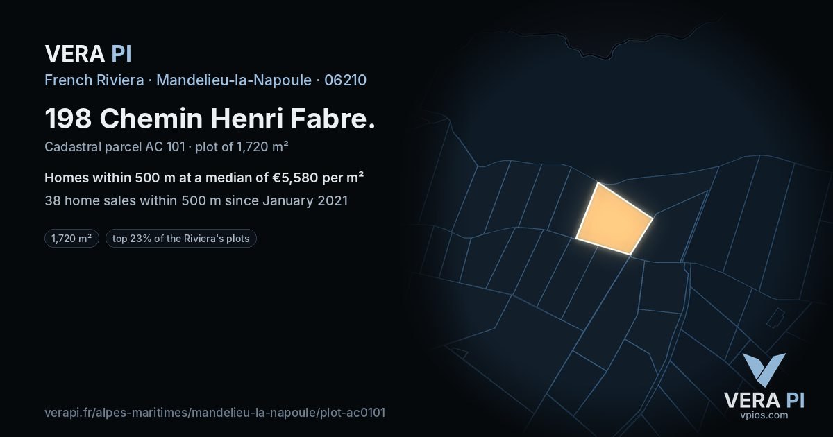 198 Chemin Henri Fabre, Mandelieu-la-Napoule at night – the plot lit, the parcels around coloured by the prices near them