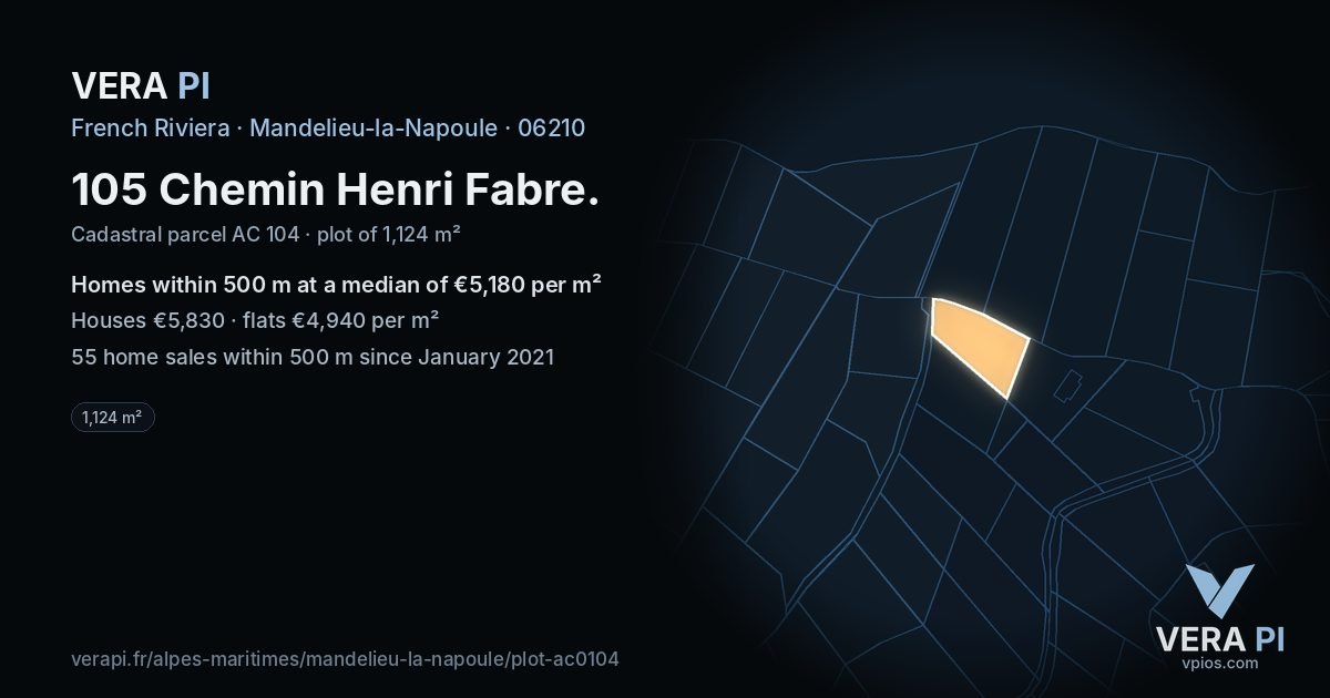 105 Chemin Henri Fabre, Mandelieu-la-Napoule at night – the plot lit, the parcels around coloured by the prices near them