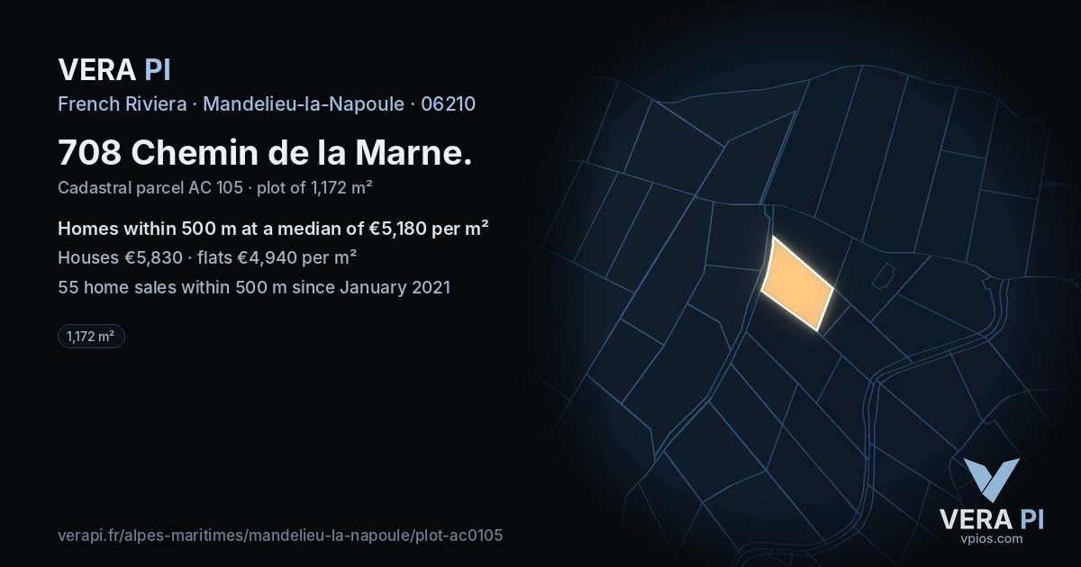 708 Chemin de la Marne, Mandelieu-la-Napoule at night – the plot lit, the parcels around coloured by the prices near them