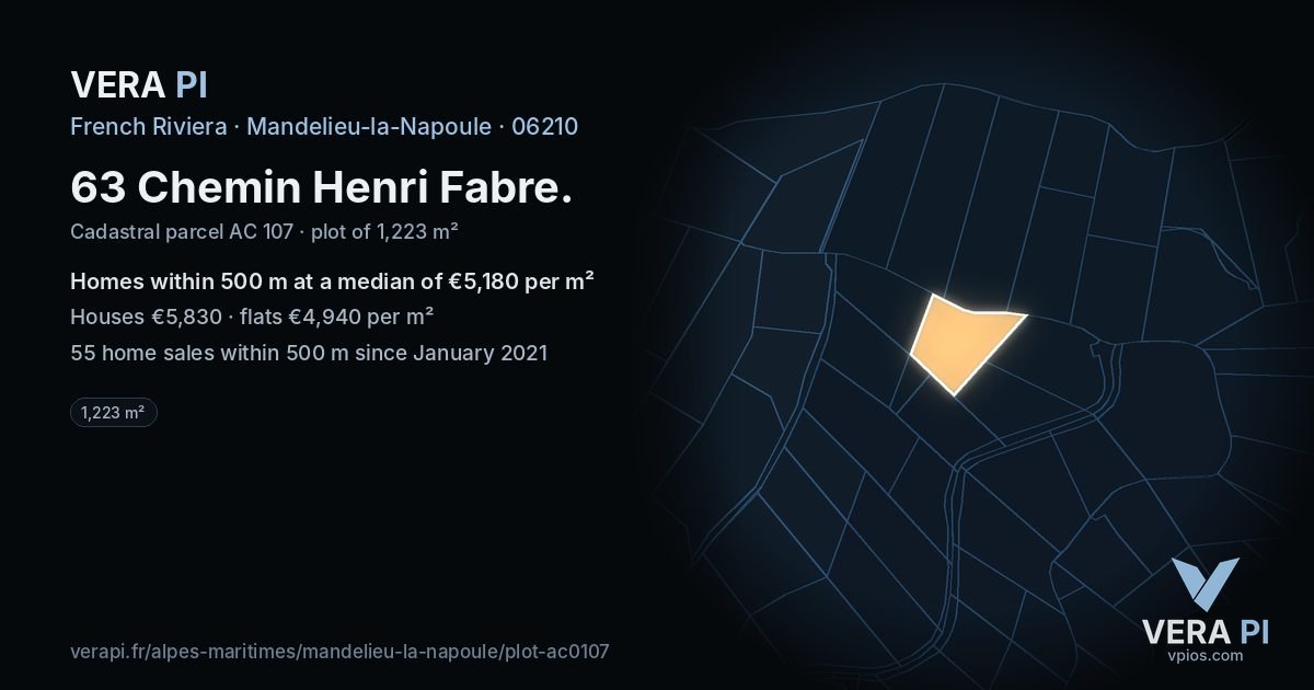 63 Chemin Henri Fabre, Mandelieu-la-Napoule at night – the plot lit, the parcels around coloured by the prices near them