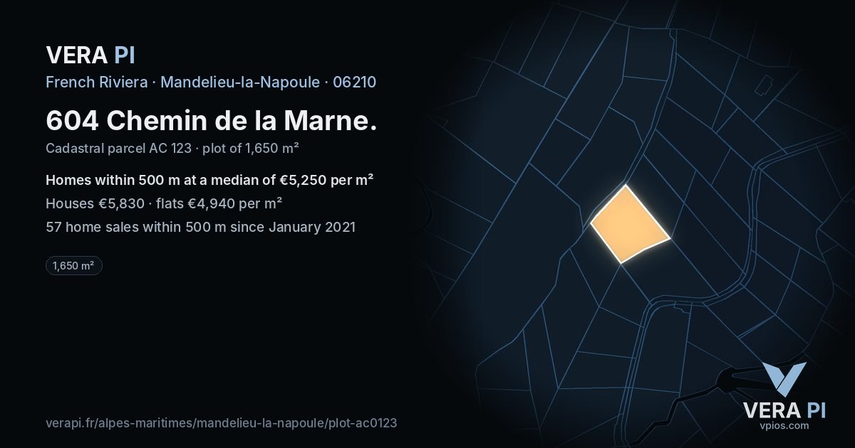 604 Chemin de la Marne, Mandelieu-la-Napoule at night – the plot lit, the parcels around coloured by the prices near them