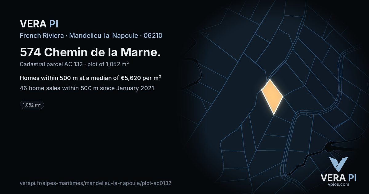 574 Chemin de la Marne, Mandelieu-la-Napoule at night – the plot lit, the parcels around coloured by the prices near them