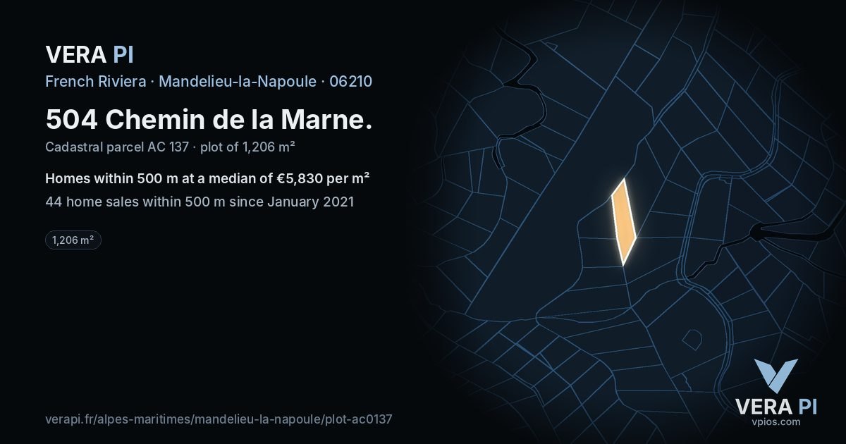 504 Chemin de la Marne, Mandelieu-la-Napoule at night – the plot lit, the parcels around coloured by the prices near them