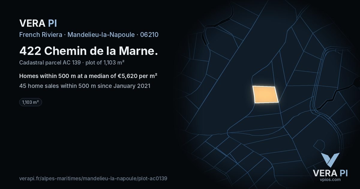 422 Chemin de la Marne, Mandelieu-la-Napoule at night – the plot lit, the parcels around coloured by the prices near them