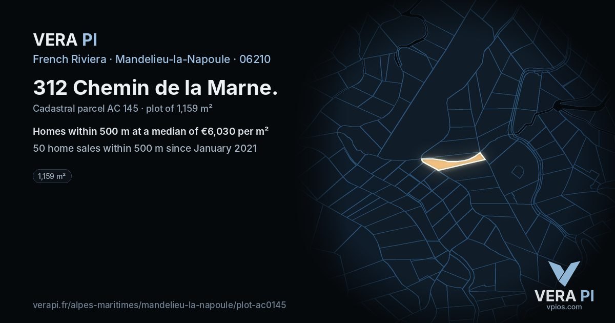 312 Chemin de la Marne, Mandelieu-la-Napoule at night – the plot lit, the parcels around coloured by the prices near them