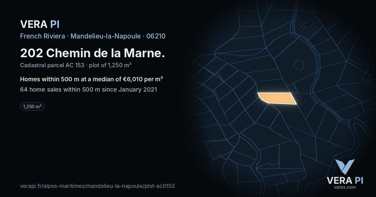 202 Chemin de la Marne, Mandelieu-la-Napoule at night – the plot lit, the parcels around coloured by the prices near them