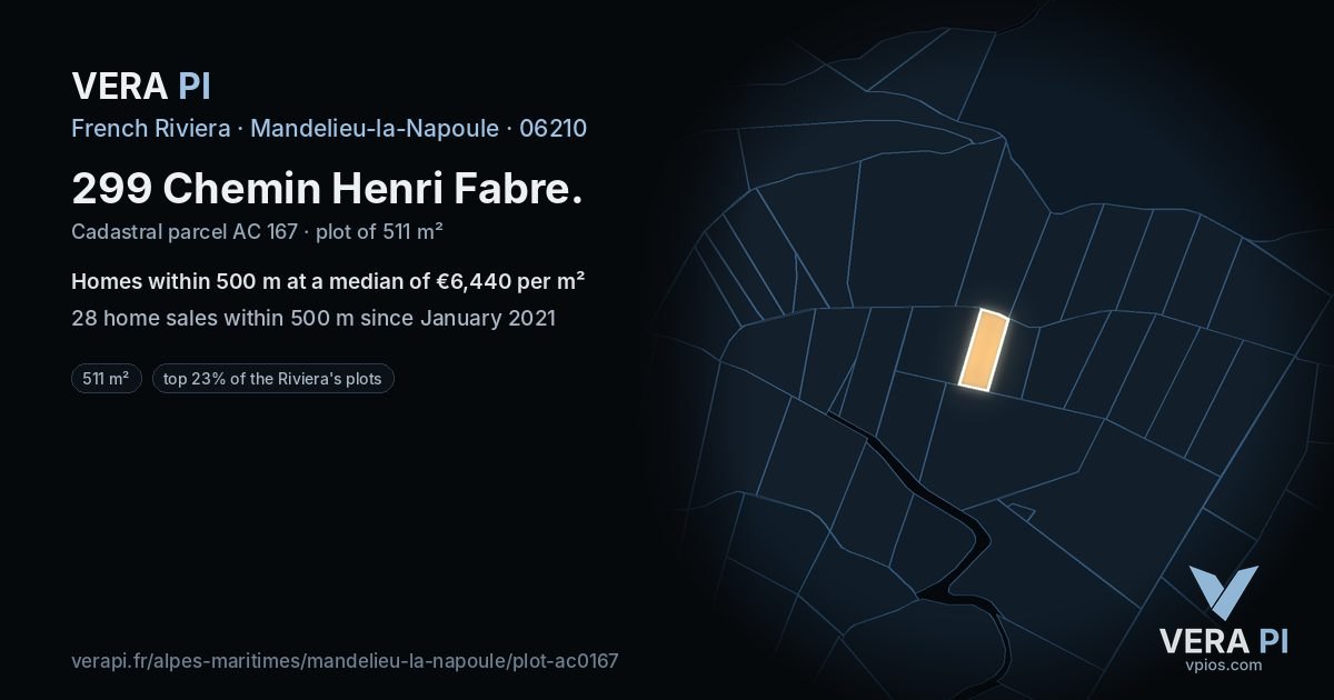 299 Chemin Henri Fabre, Mandelieu-la-Napoule at night – the plot lit, the parcels around coloured by the prices near them