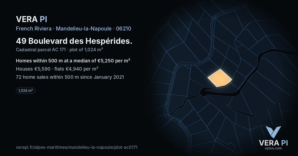 49 Boulevard des Hespérides, Mandelieu-la-Napoule at night – the plot lit, the parcels around coloured by the prices near them
