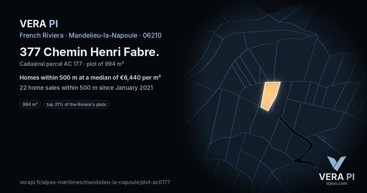 377 Chemin Henri Fabre, Mandelieu-la-Napoule at night – the plot lit, the parcels around coloured by the prices near them