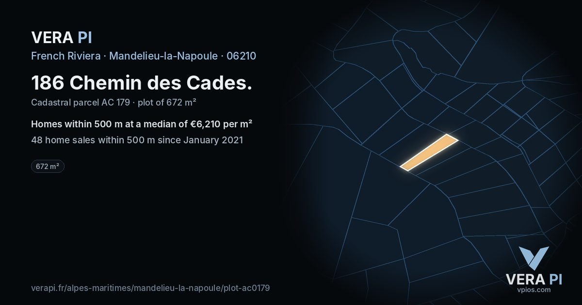 186 Chemin des Cades, Mandelieu-la-Napoule at night – the plot lit, the parcels around coloured by the prices near them