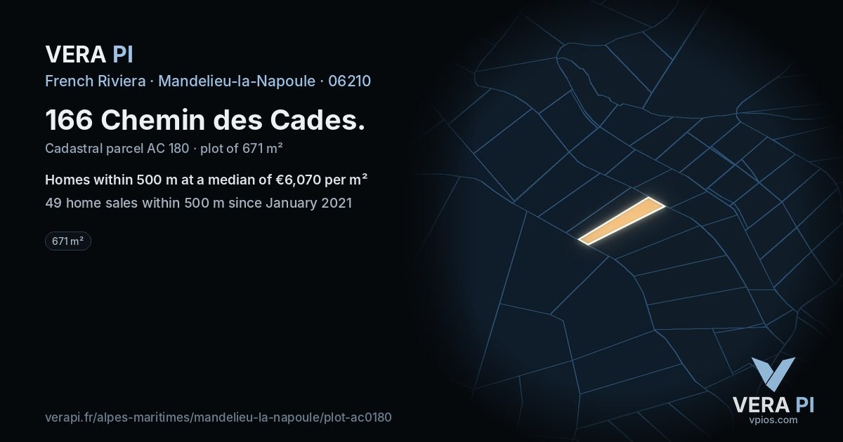 166 Chemin des Cades, Mandelieu-la-Napoule at night – the plot lit, the parcels around coloured by the prices near them