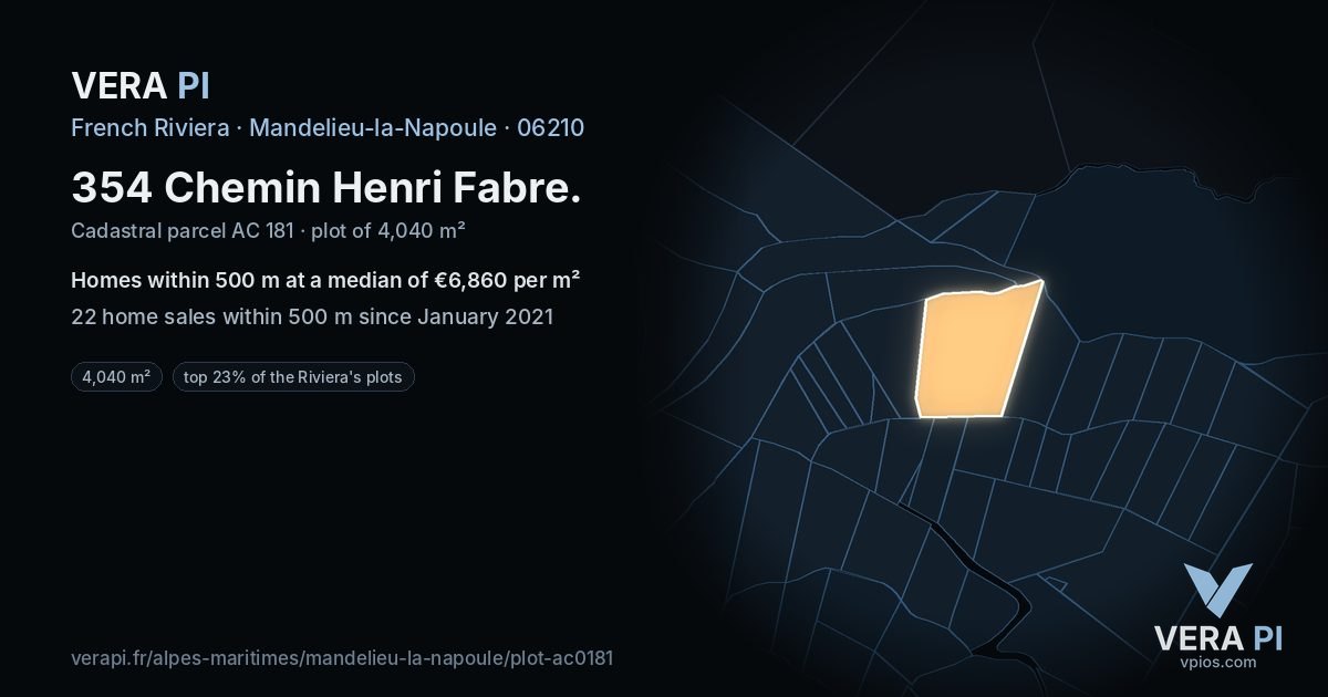 354 Chemin Henri Fabre, Mandelieu-la-Napoule at night – the plot lit, the parcels around coloured by the prices near them