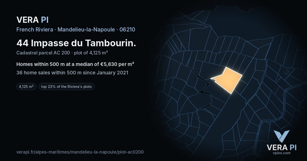 44 Impasse du Tambourin, Mandelieu-la-Napoule at night – the plot lit, the parcels around coloured by the prices near them