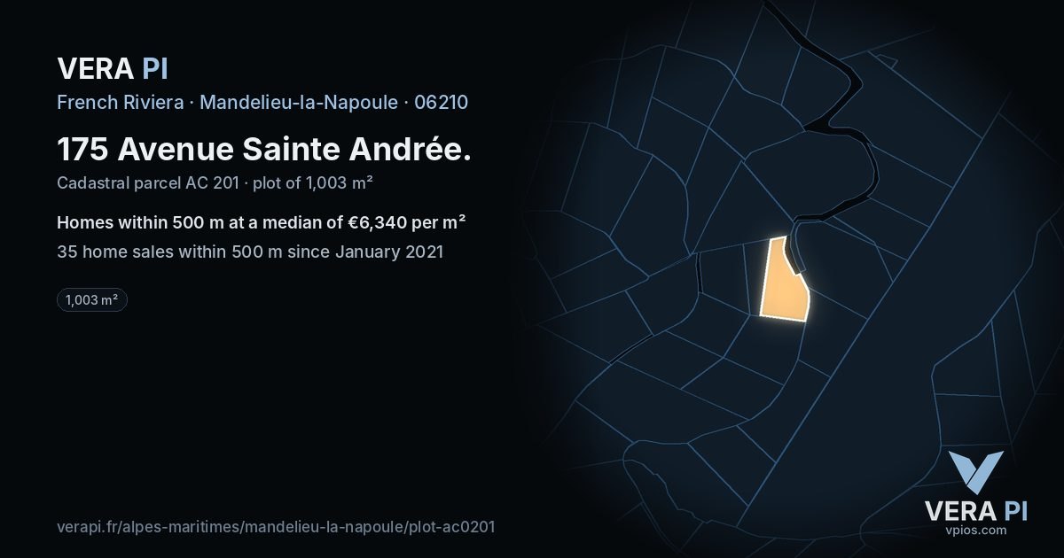 175 Avenue Sainte Andrée, Mandelieu-la-Napoule at night – the plot lit, the parcels around coloured by the prices near them