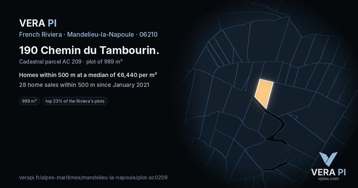 190 Chemin du Tambourin, Mandelieu-la-Napoule at night – the plot lit, the parcels around coloured by the prices near them