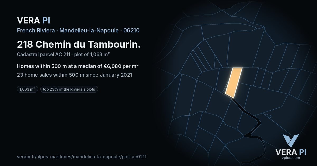 218 Chemin du Tambourin, Mandelieu-la-Napoule at night – the plot lit, the parcels around coloured by the prices near them