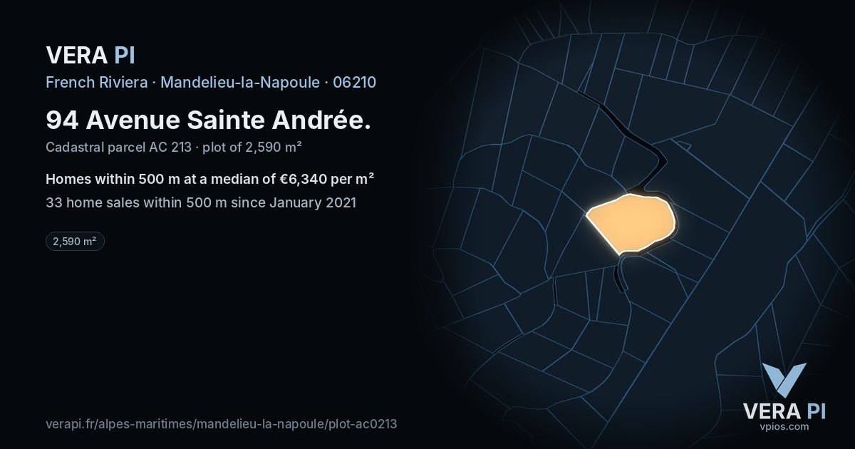 94 Avenue Sainte Andrée, Mandelieu-la-Napoule at night – the plot lit, the parcels around coloured by the prices near them