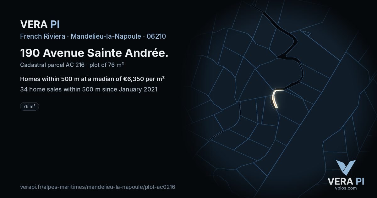 190 Avenue Sainte Andrée, Mandelieu-la-Napoule at night – the plot lit, the parcels around coloured by the prices near them