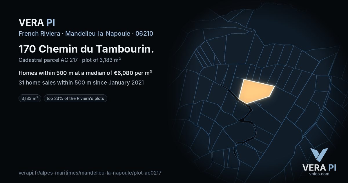 170 Chemin du Tambourin, Mandelieu-la-Napoule at night – the plot lit, the parcels around coloured by the prices near them