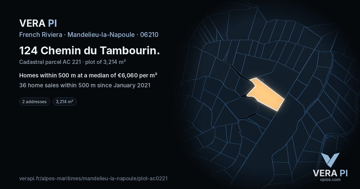 124 Chemin du Tambourin, Mandelieu-la-Napoule at night – the plot lit, the parcels around coloured by the prices near them