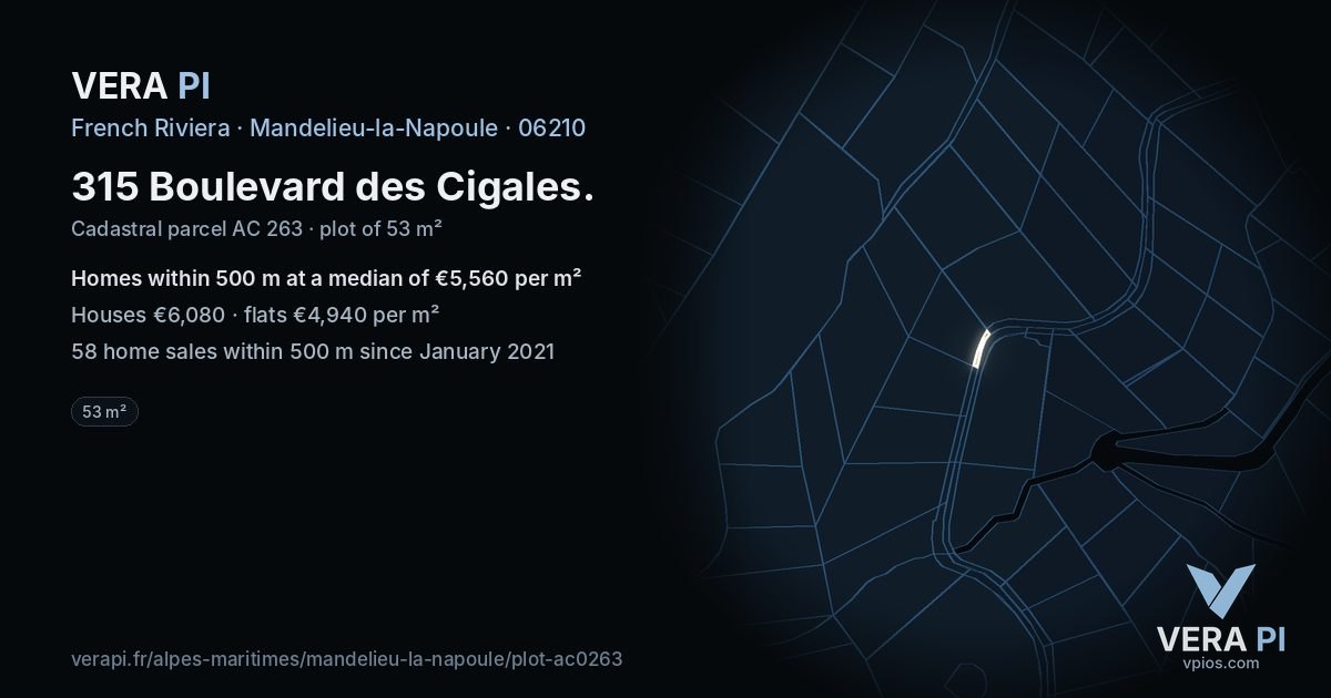 315 Boulevard des Cigales, Mandelieu-la-Napoule at night – the plot lit, the parcels around coloured by the prices near them