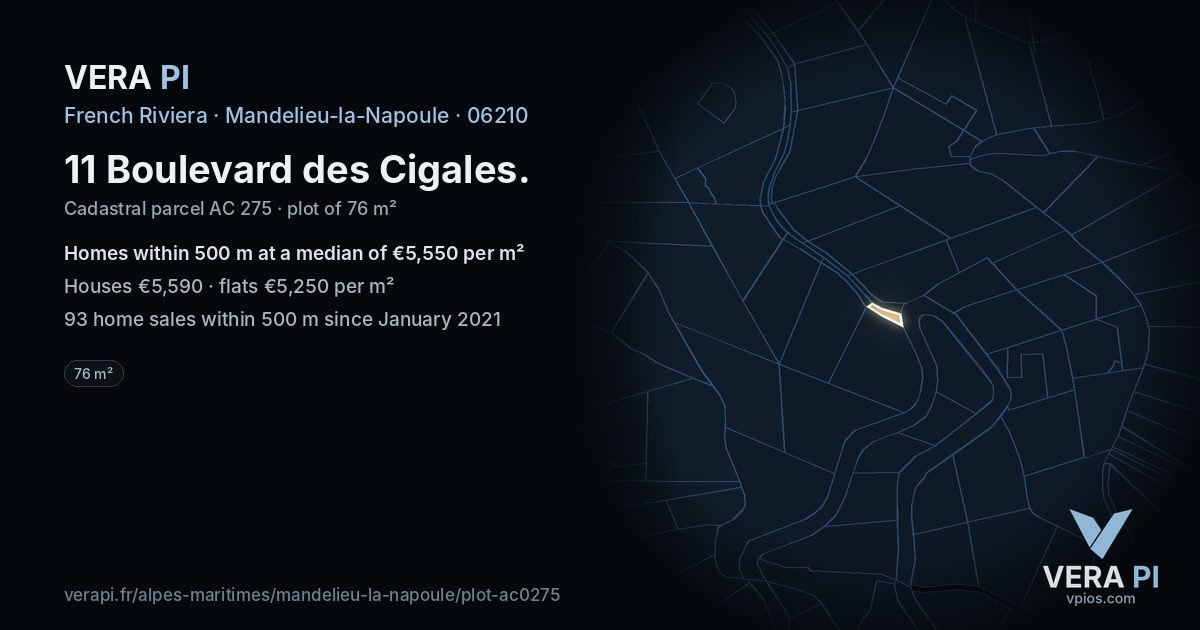 11 Boulevard des Cigales, Mandelieu-la-Napoule at night – the plot lit, the parcels around coloured by the prices near them