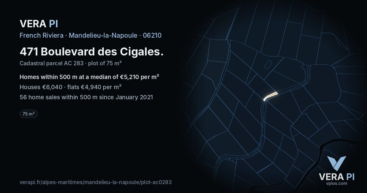 471 Boulevard des Cigales, Mandelieu-la-Napoule at night – the plot lit, the parcels around coloured by the prices near them