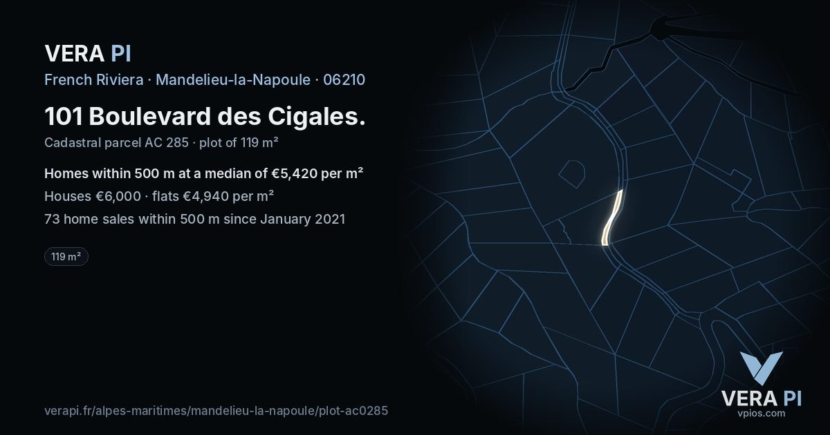 101 Boulevard des Cigales, Mandelieu-la-Napoule at night – the plot lit, the parcels around coloured by the prices near them