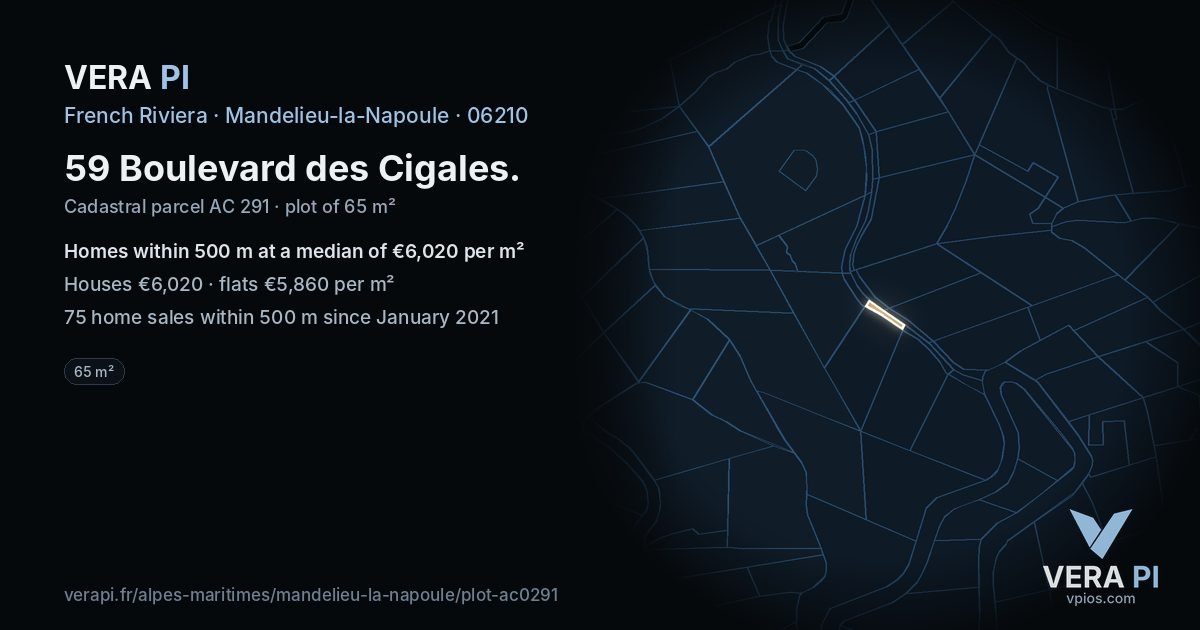 59 Boulevard des Cigales, Mandelieu-la-Napoule at night – the plot lit, the parcels around coloured by the prices near them