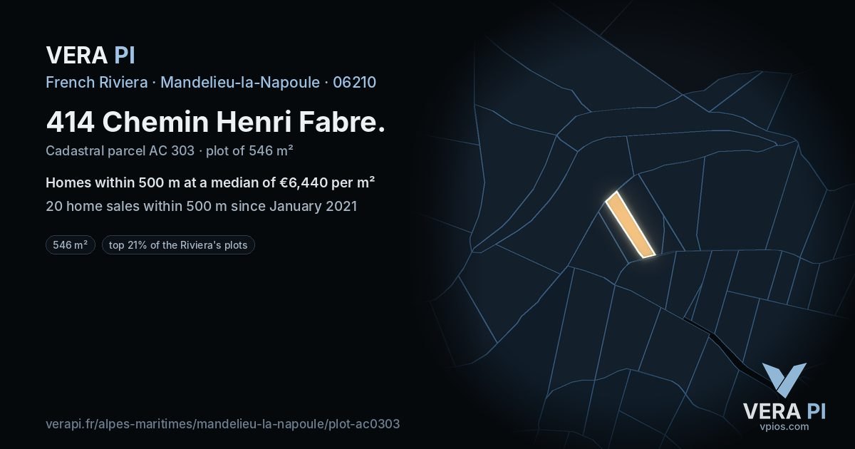 414 Chemin Henri Fabre, Mandelieu-la-Napoule at night – the plot lit, the parcels around coloured by the prices near them