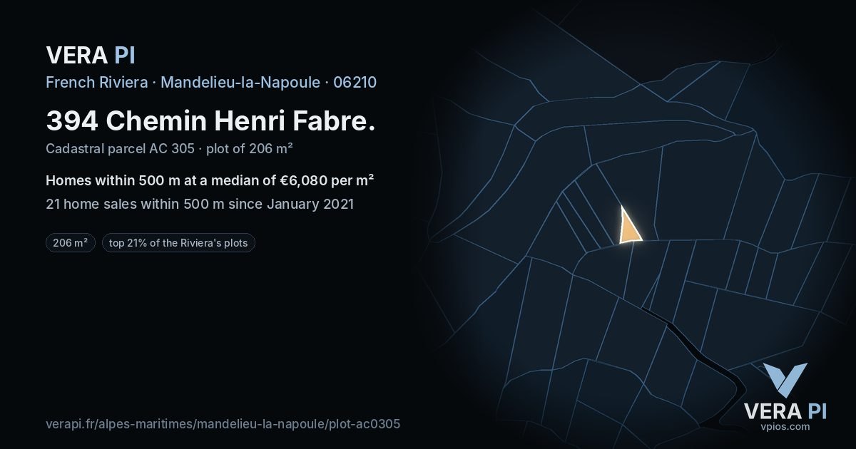 394 Chemin Henri Fabre, Mandelieu-la-Napoule at night – the plot lit, the parcels around coloured by the prices near them