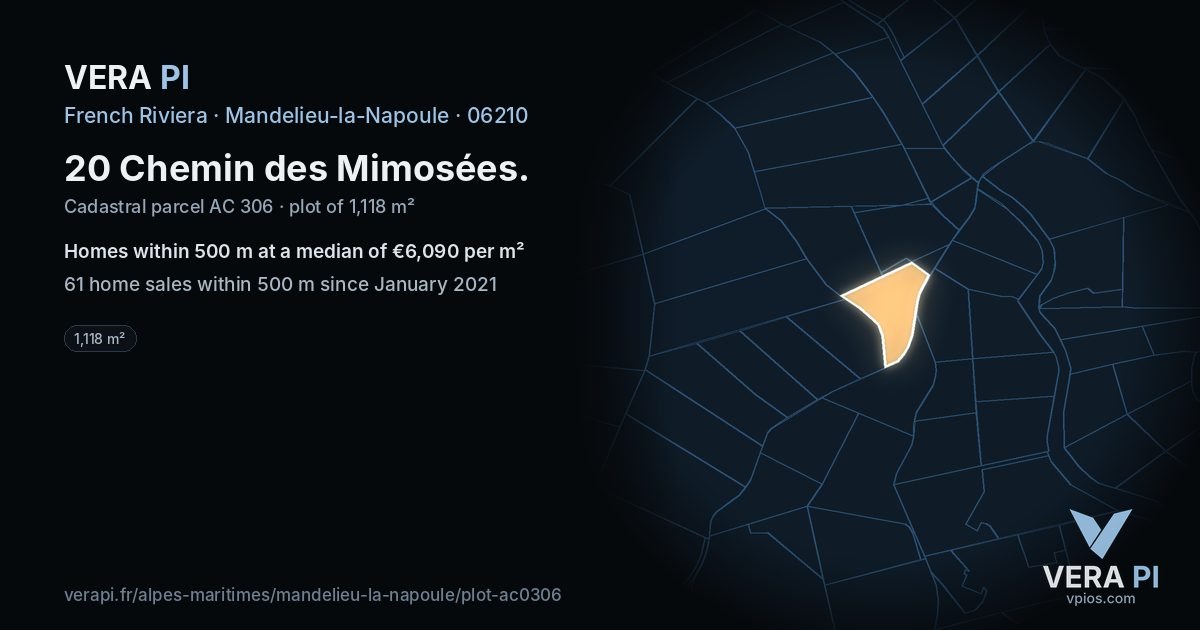 20 Chemin des Mimosées, Mandelieu-la-Napoule at night – the plot lit, the parcels around coloured by the prices near them