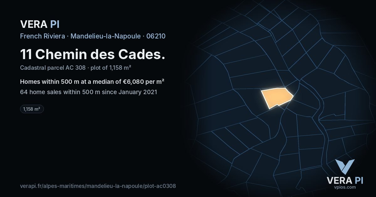 11 Chemin des Cades, Mandelieu-la-Napoule at night – the plot lit, the parcels around coloured by the prices near them