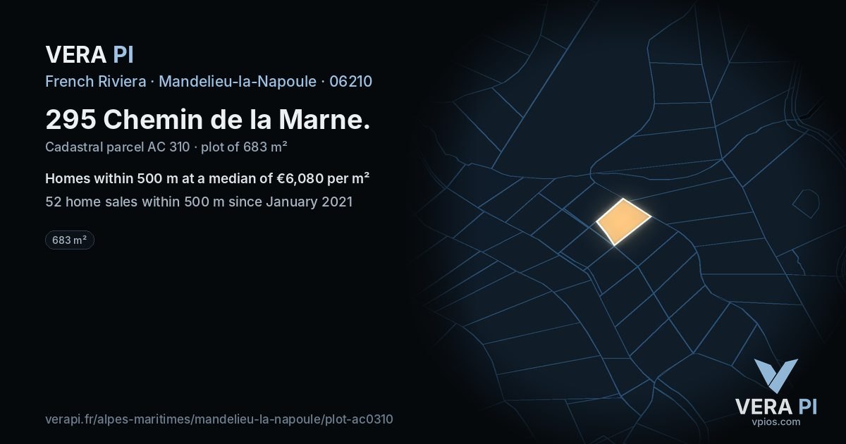 295 Chemin de la Marne, Mandelieu-la-Napoule at night – the plot lit, the parcels around coloured by the prices near them