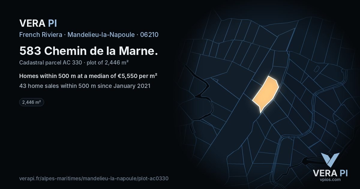 583 Chemin de la Marne, Mandelieu-la-Napoule at night – the plot lit, the parcels around coloured by the prices near them