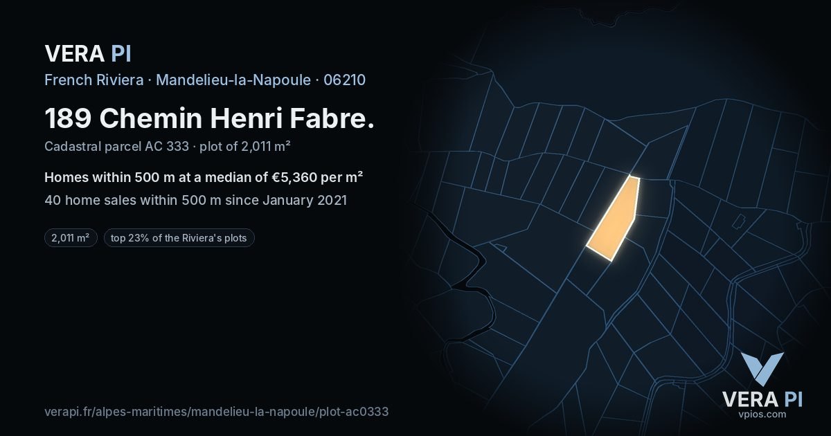 189 Chemin Henri Fabre, Mandelieu-la-Napoule at night – the plot lit, the parcels around coloured by the prices near them