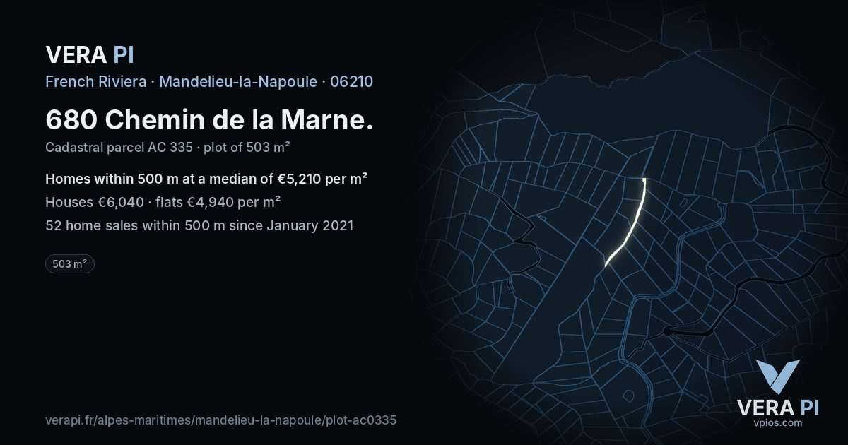 680 Chemin de la Marne, Mandelieu-la-Napoule at night – the plot lit, the parcels around coloured by the prices near them