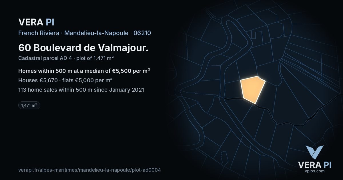 60 Boulevard de Valmajour, Mandelieu-la-Napoule at night – the plot lit, the parcels around coloured by the prices near them