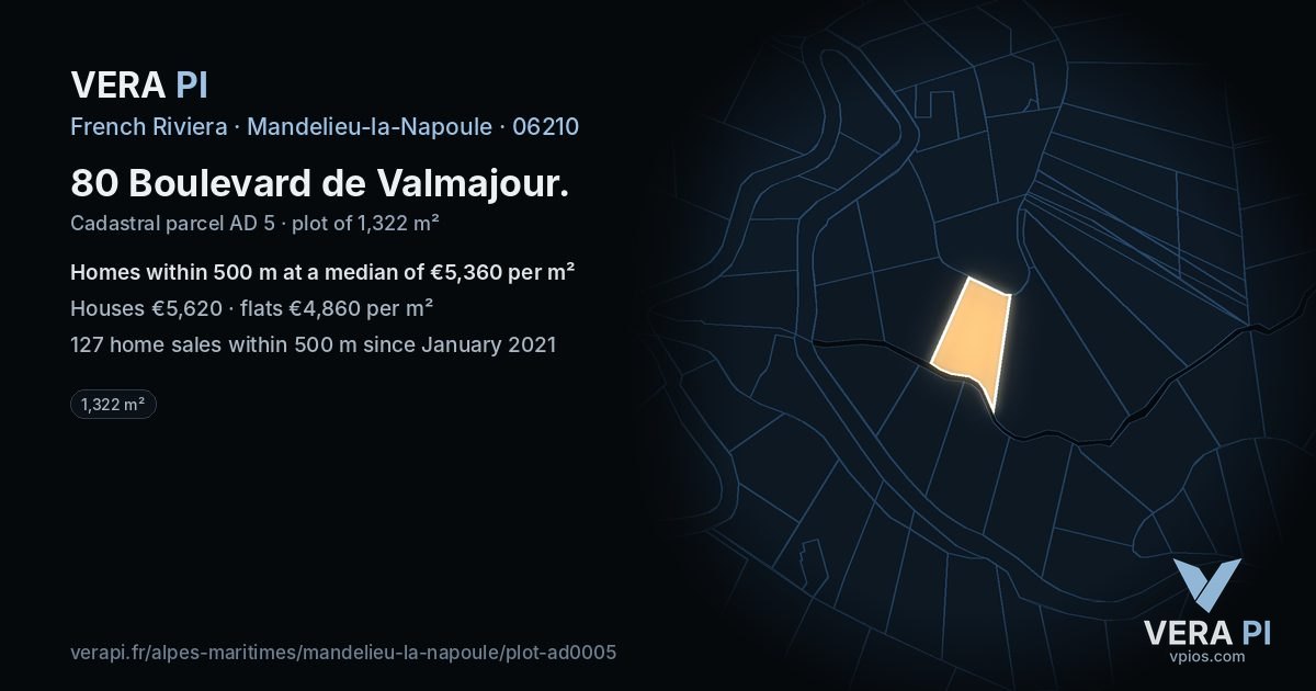 80 Boulevard de Valmajour, Mandelieu-la-Napoule at night – the plot lit, the parcels around coloured by the prices near them