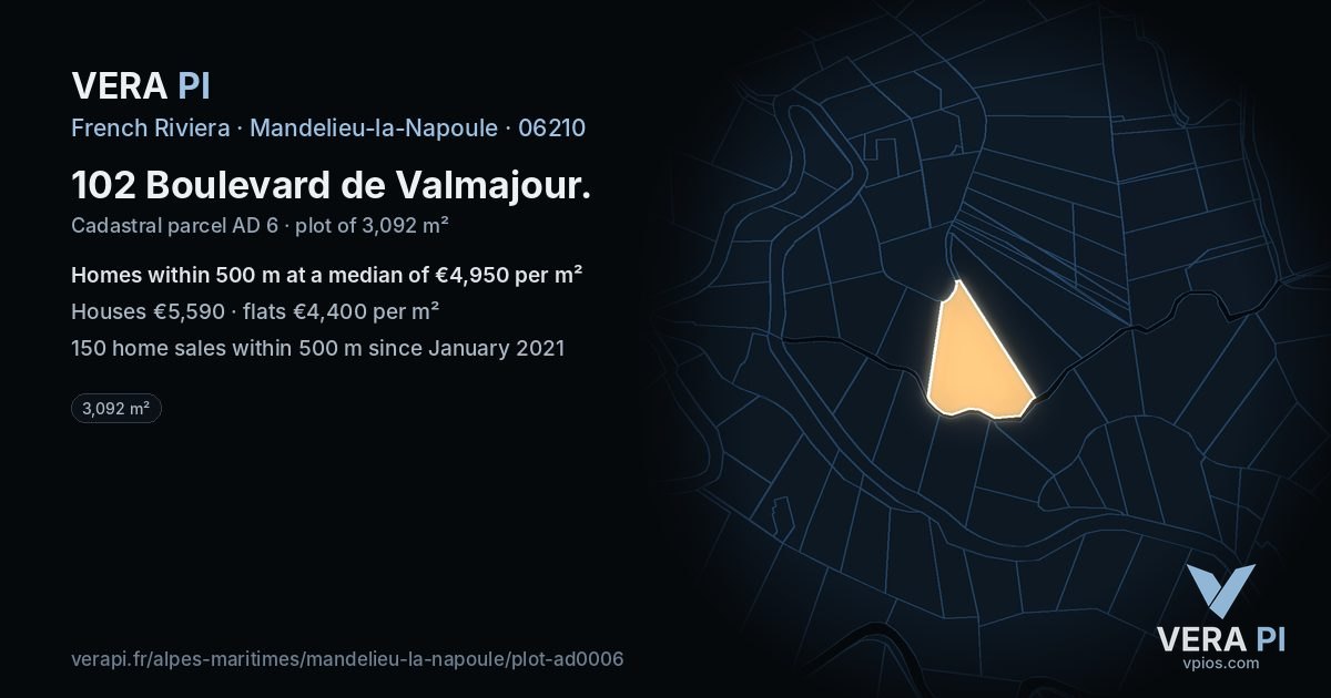 102 Boulevard de Valmajour, Mandelieu-la-Napoule at night – the plot lit, the parcels around coloured by the prices near them