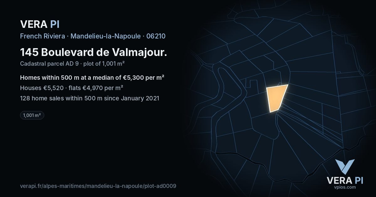 145 Boulevard de Valmajour, Mandelieu-la-Napoule at night – the plot lit, the parcels around coloured by the prices near them
